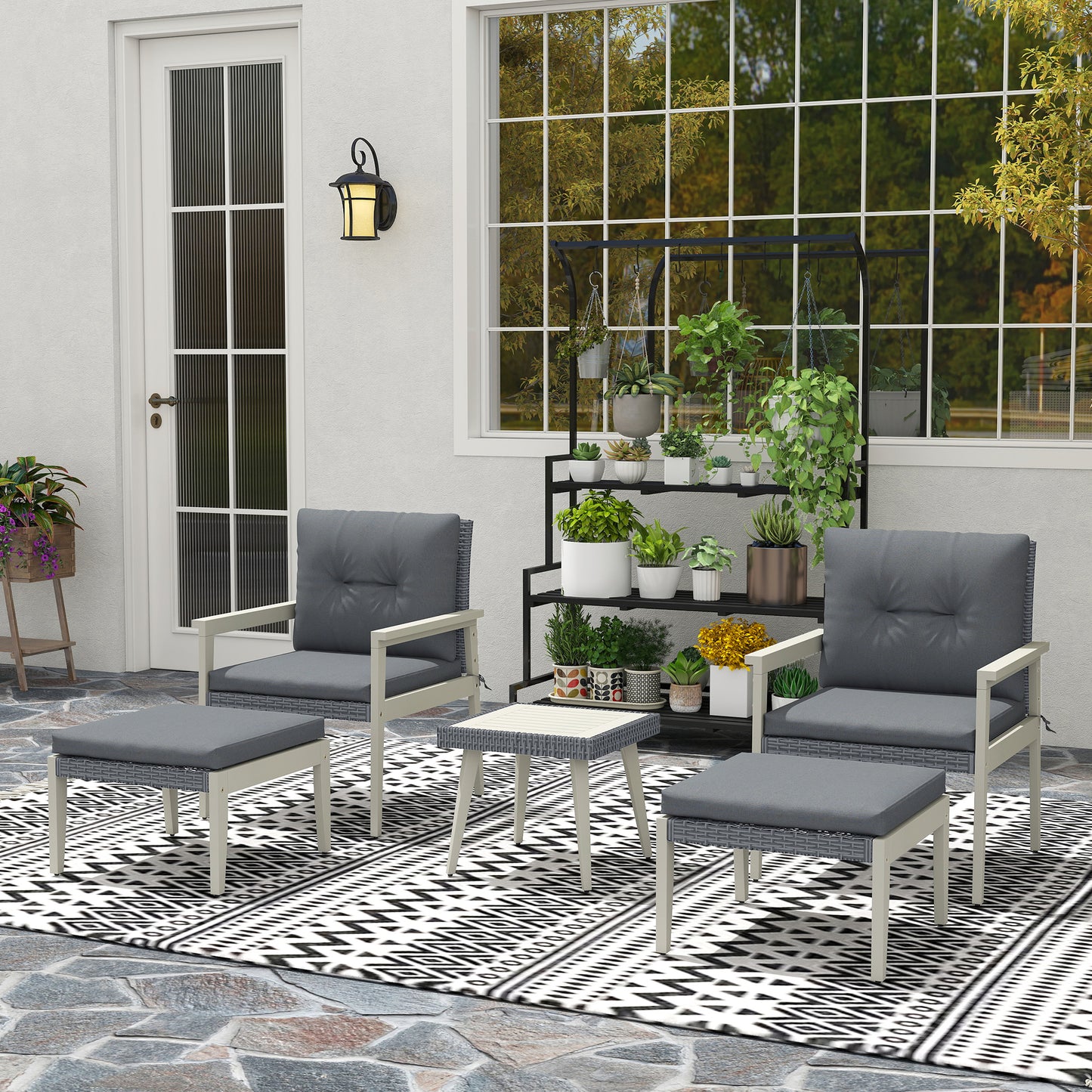 Five-Piece Rattan Patio Set, with Wood-Top Table - Grey
