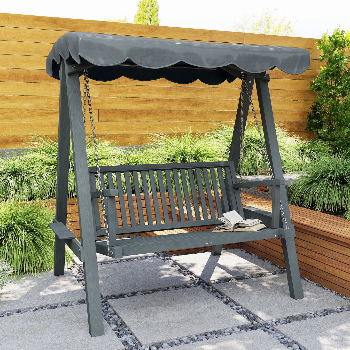 2 Seater Garden Swing Seat with Canopy, Wooden Swing Chair, Outdoor Hammock Bench for Balcony Patio Porch, Grey