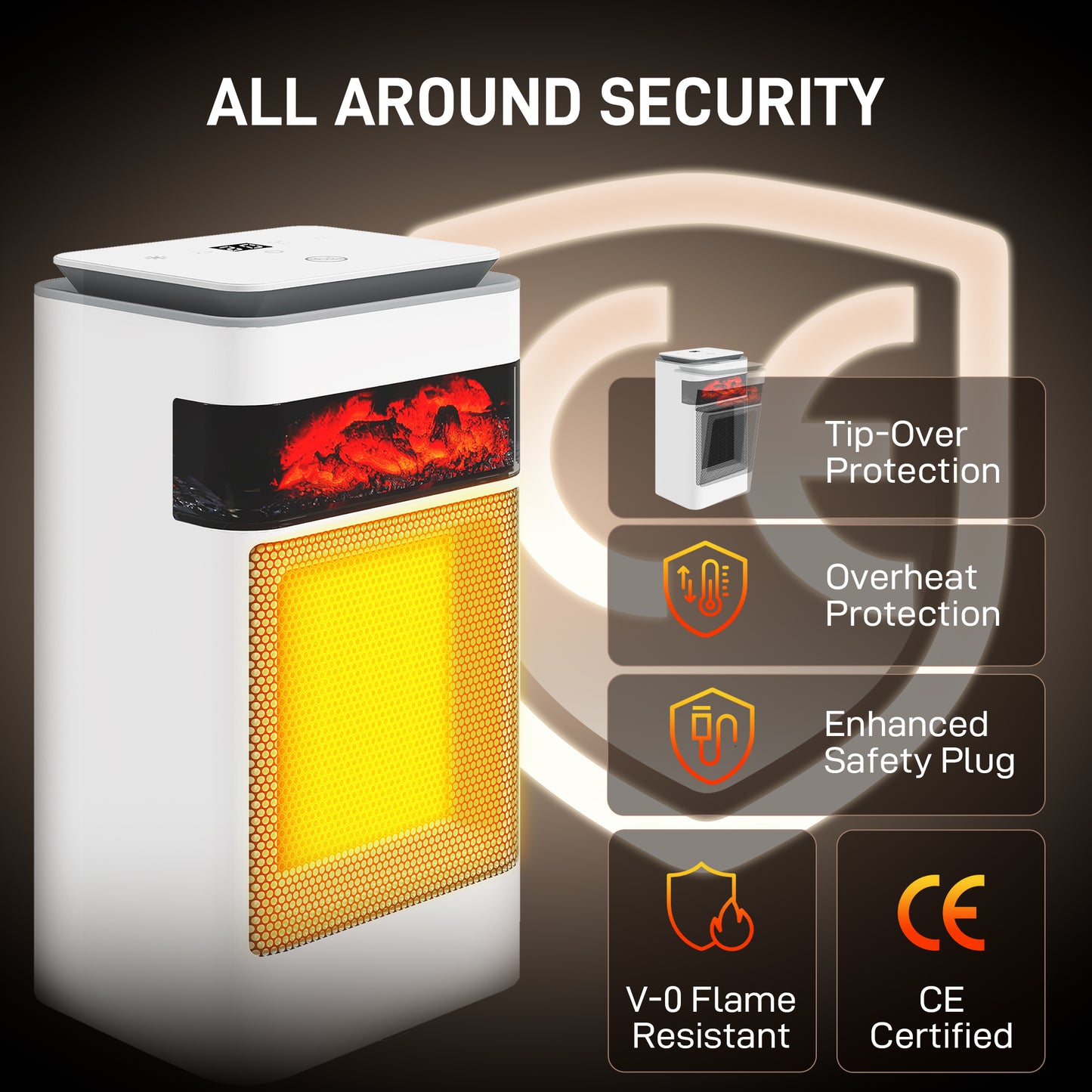 Ceramic Electric Heater, 1500W Fan Space Heater with 3 Modes, 24H Timer, Flame Effect, Oscillation for Bedroom, White