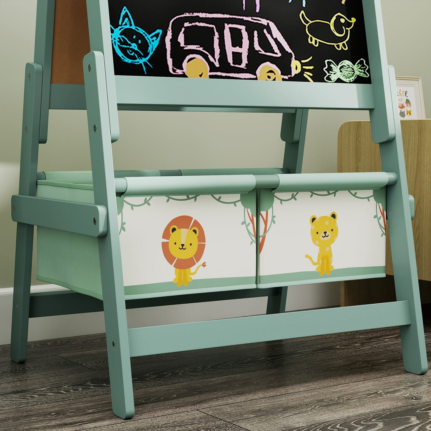 Art Easel for Kids, Double-Sided Whiteboard/Blackboard with Paper Roll, Two Storage Boxes, for Ages 3-8 Years, Green