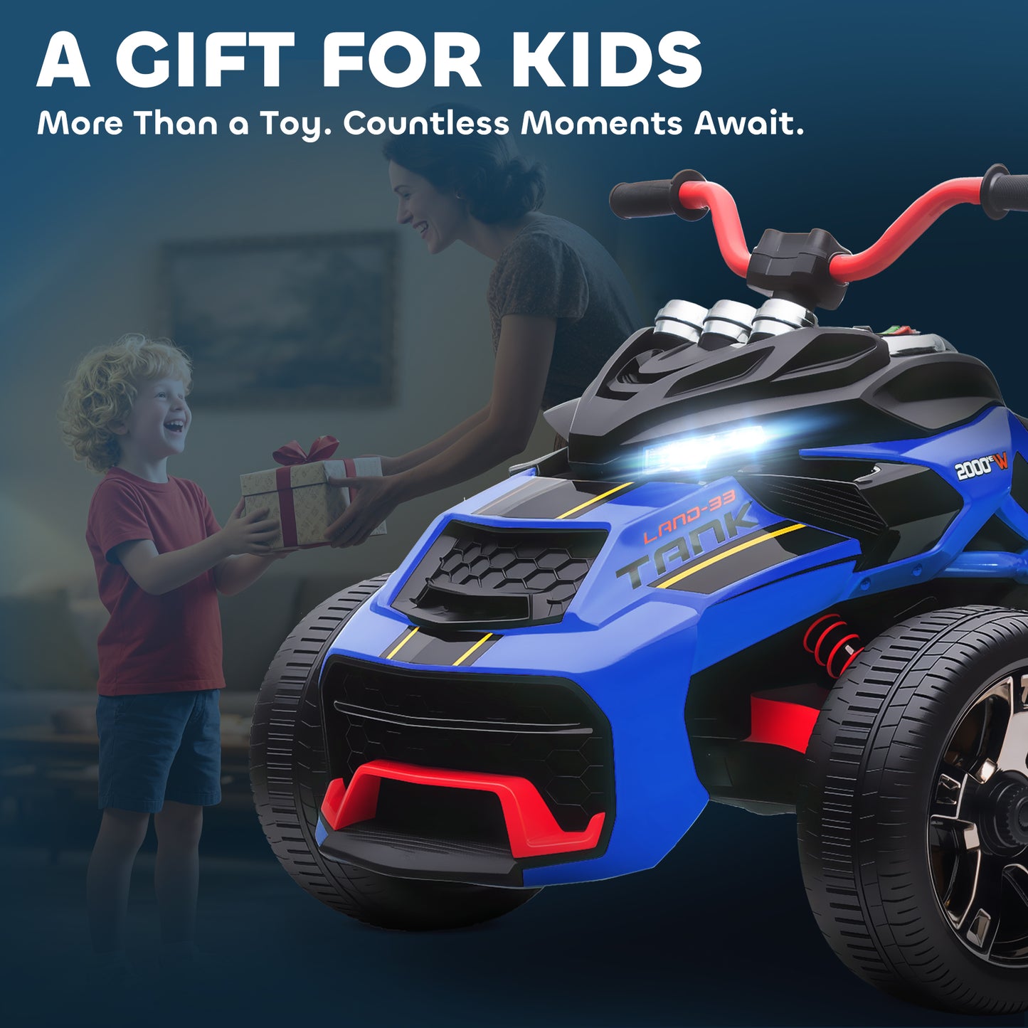 12V Kids Electric Ride On Car with 3 Wheeler, MP3 Player, Horn, 2 Speeds, LED Lights for Boys & Girls Ages 3-8, Blue