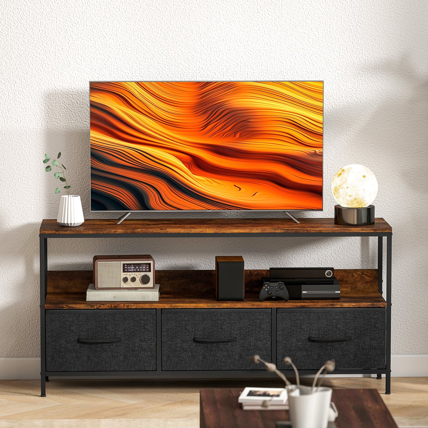 TV Stand Cabinet with 3 Foldable Drawers - Rustic Brown