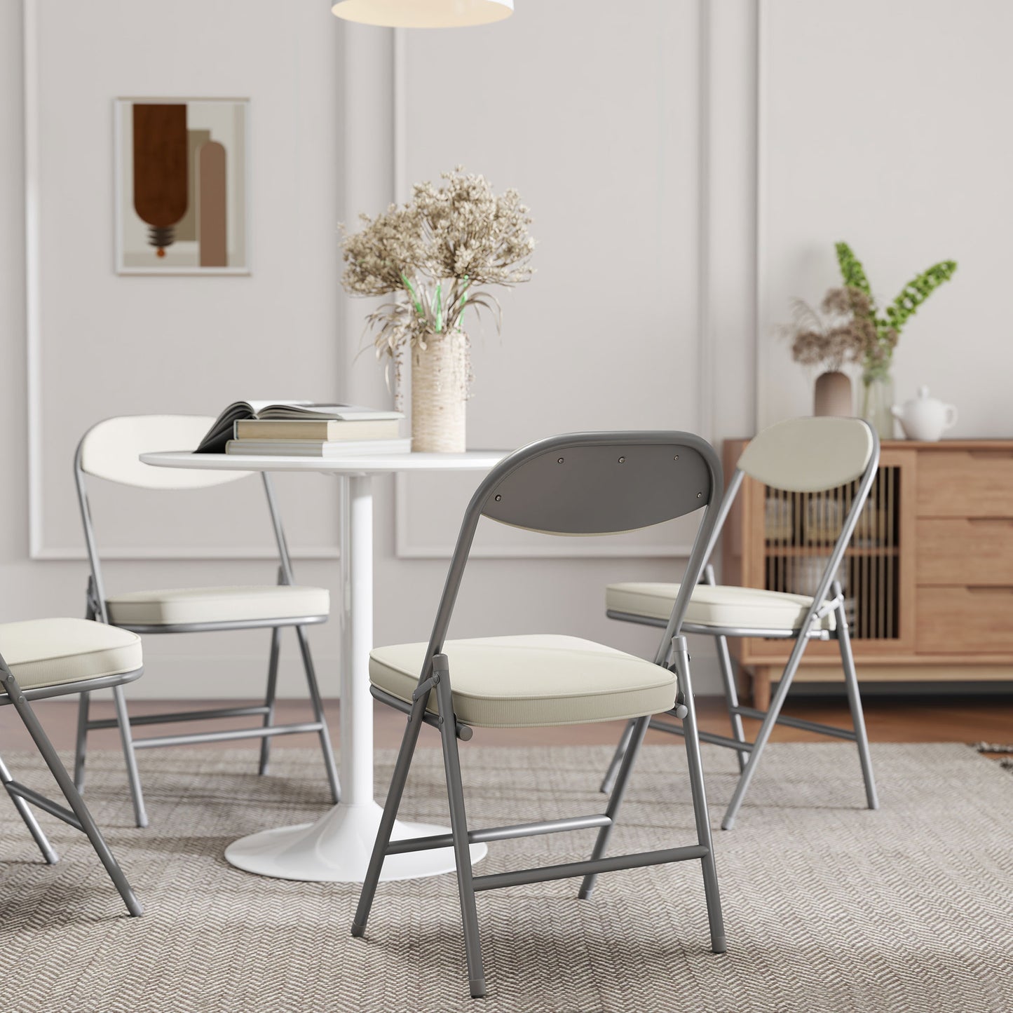 Set of Four Folding Corduroy Seat Chairs, Cream