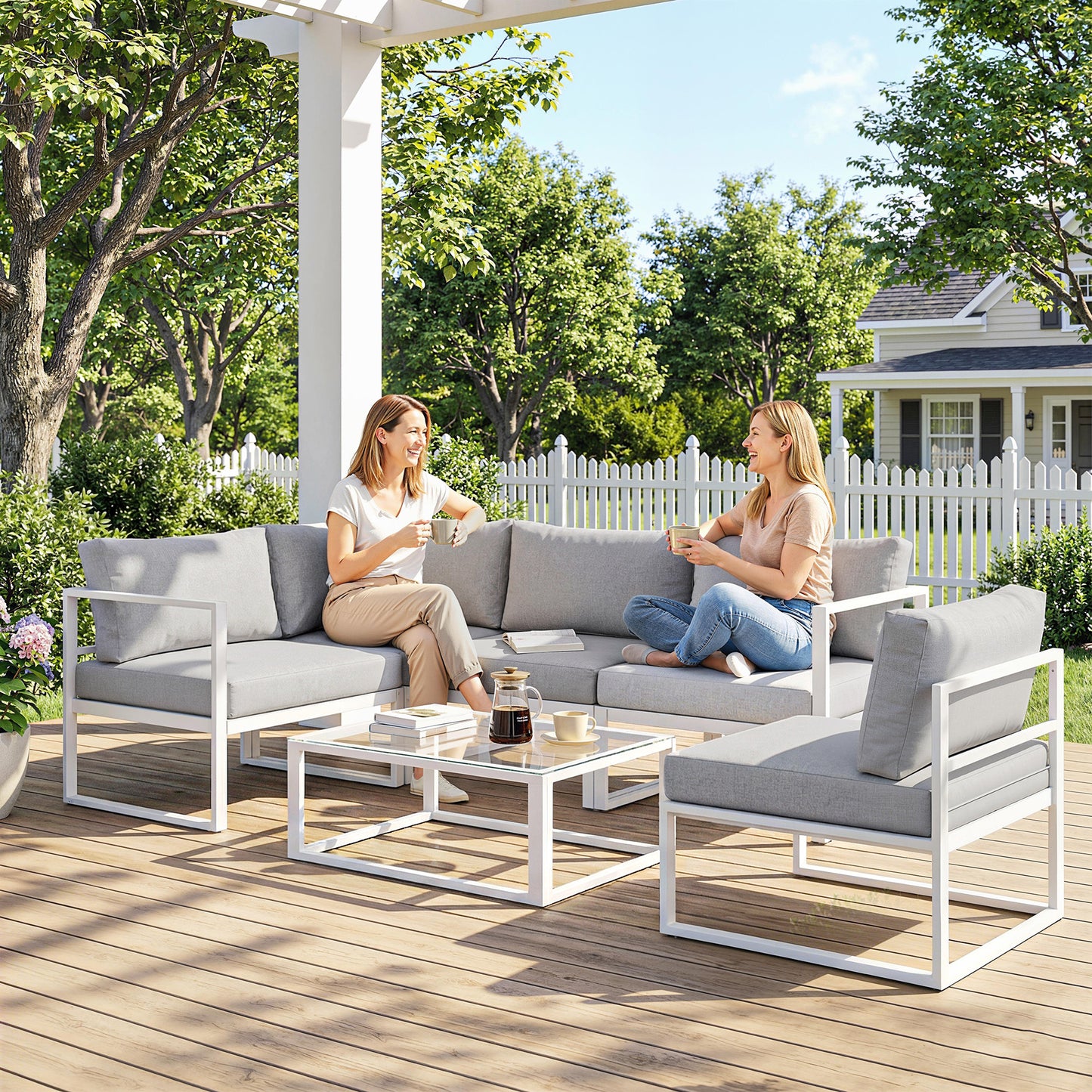 5 Seater Aluminium Garden Furniture Set, Garden Sofa Set with Thick Cushions for Patio and Balcony, Outdoor, Light Grey
