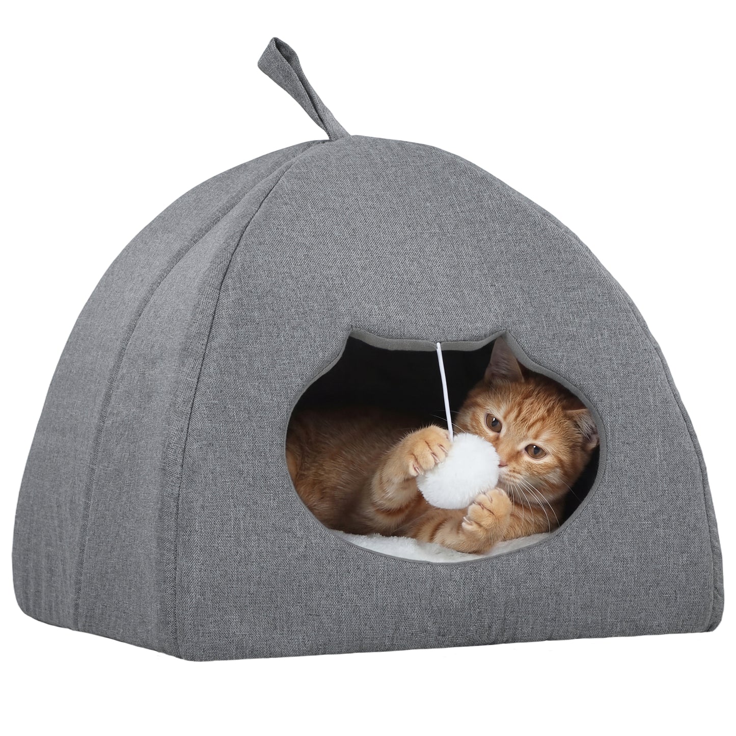 Cat Cave Bed for Indoor Kittens, Cat House with Removable Cushion and Teaser Ball, Kitty Igloo with Anti-Slip Base