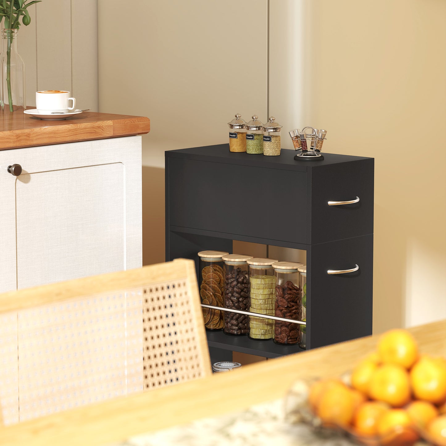 Rolling Storage Unit, 3-Tier Kitchen Cart Trolley with Drawer, Surface Top and 4 Universal Wheels, Black