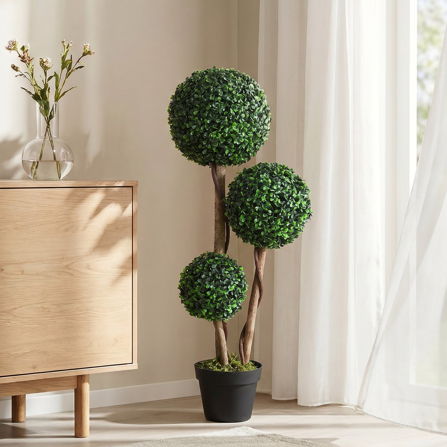 Decorative Artificial Trees Boxwood Ball Topiary Trees in Pot, UV-Cut Fake Plants for Home Indoor Outdoor Decor, 90 cm