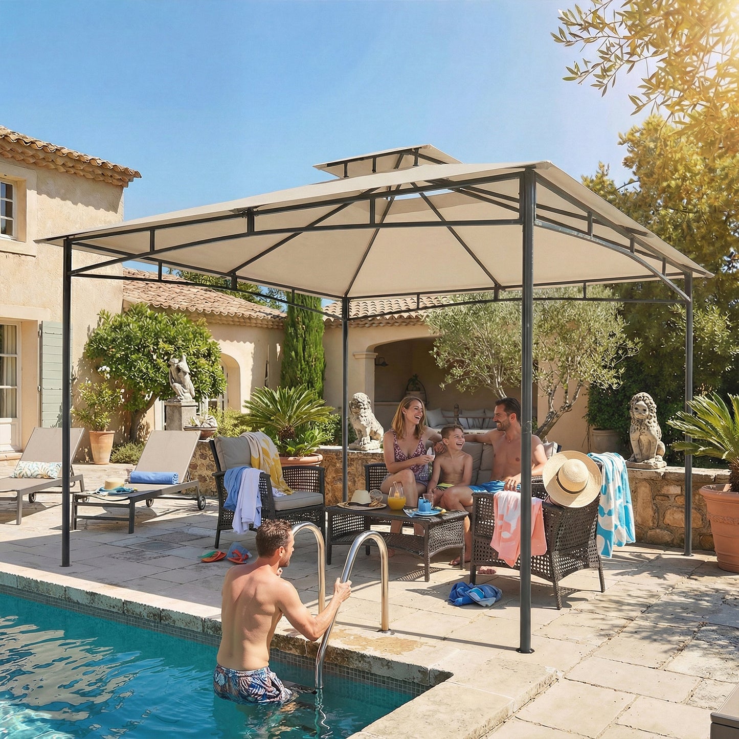 3 x 3 m Gazebo, Garden Gazebo with 2-Tier Roof, Metal Frame, Khaki