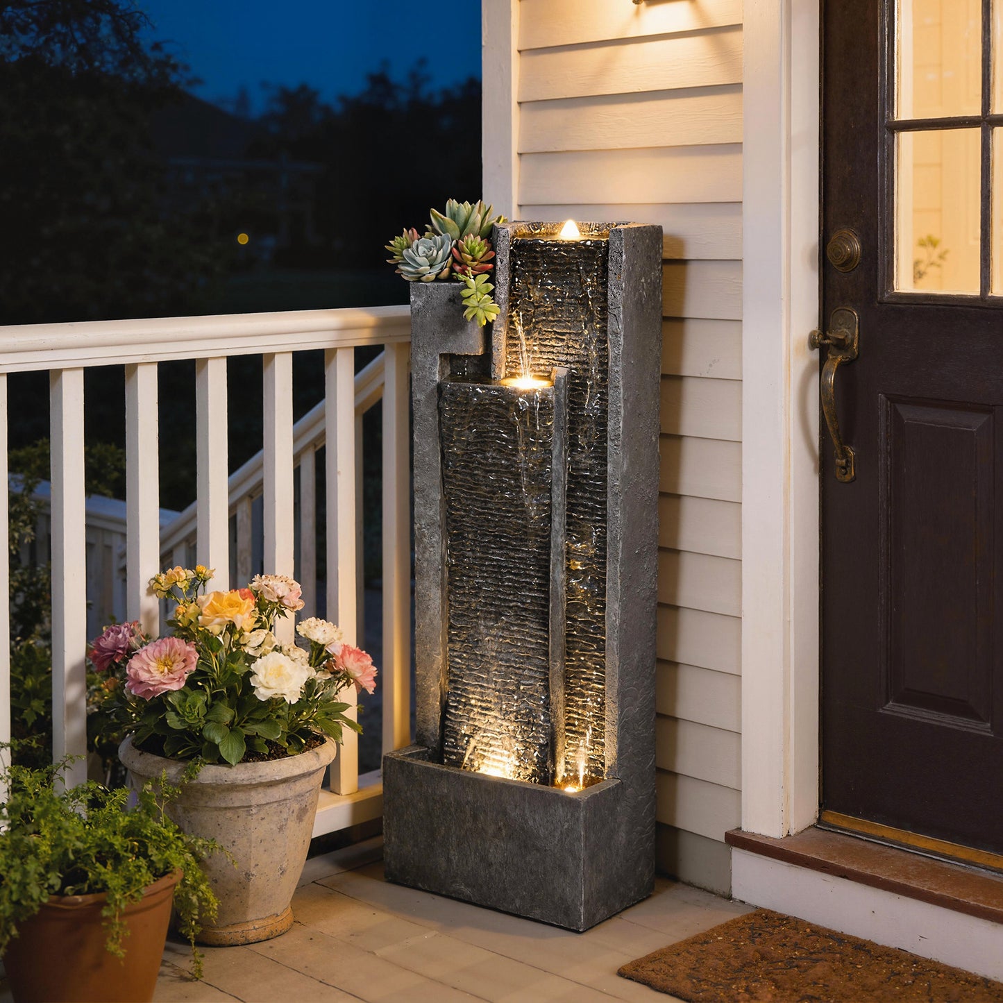 Water Feature with LED Lights and Planter, 3-Tier Garden Water Fountain with Pump, Resin Waterfall Feature, Dark Grey