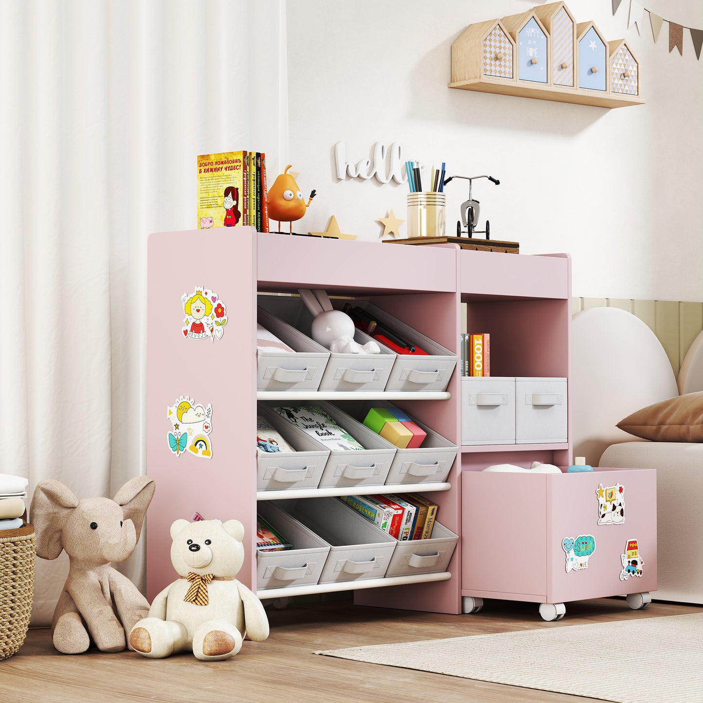 Kids Toy Storage Unit with 11 Bins, Cabinet, Top Shelves, 3 Stickers, for Nursery, Playroom, Pink