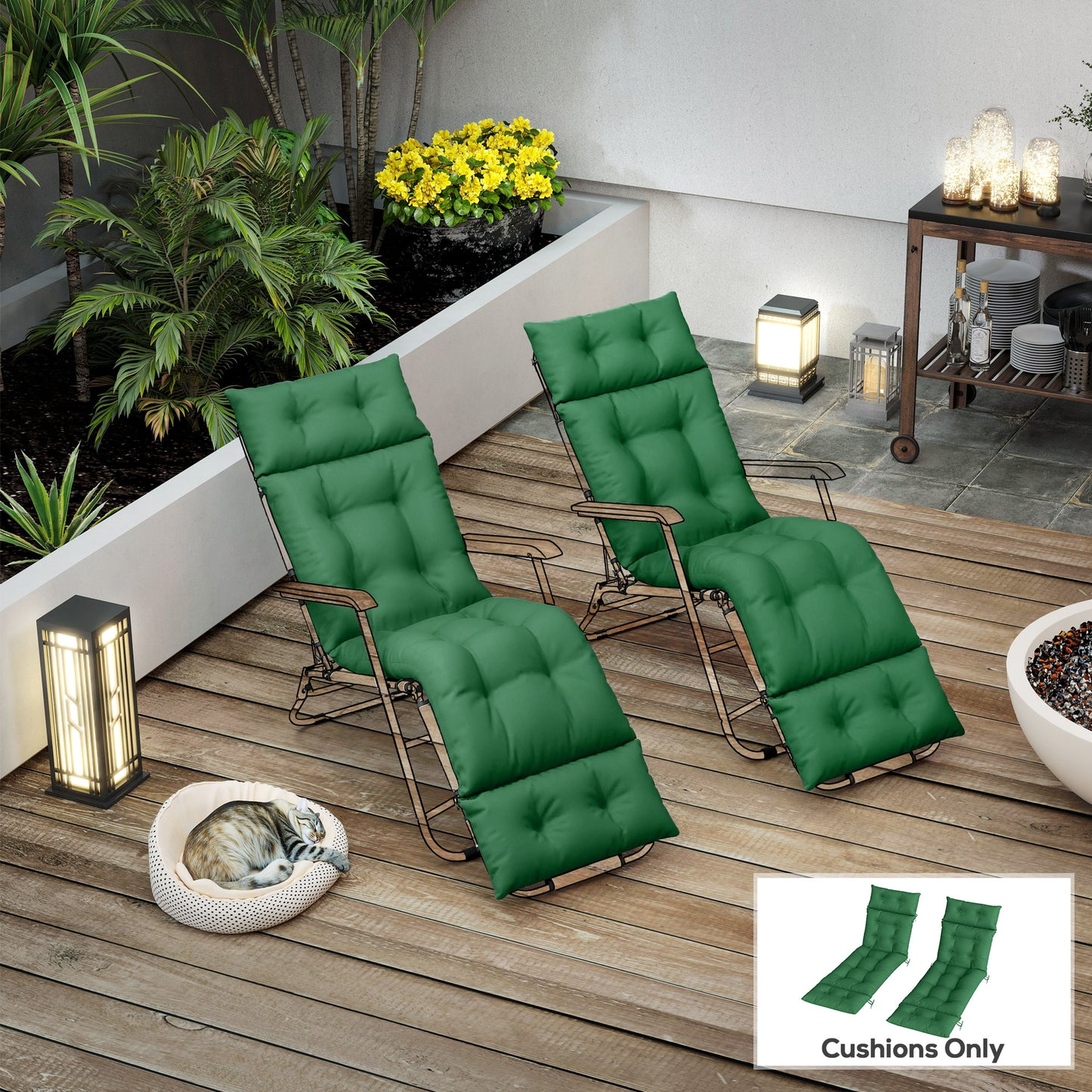 Set of Two 190 x 56cm Sun Lounger Cushions - Green