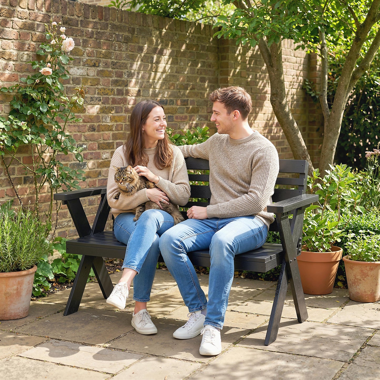 2 Seater Wooden Garden Bench, Slatted Patio Bench with Armrest and Backrest, Black