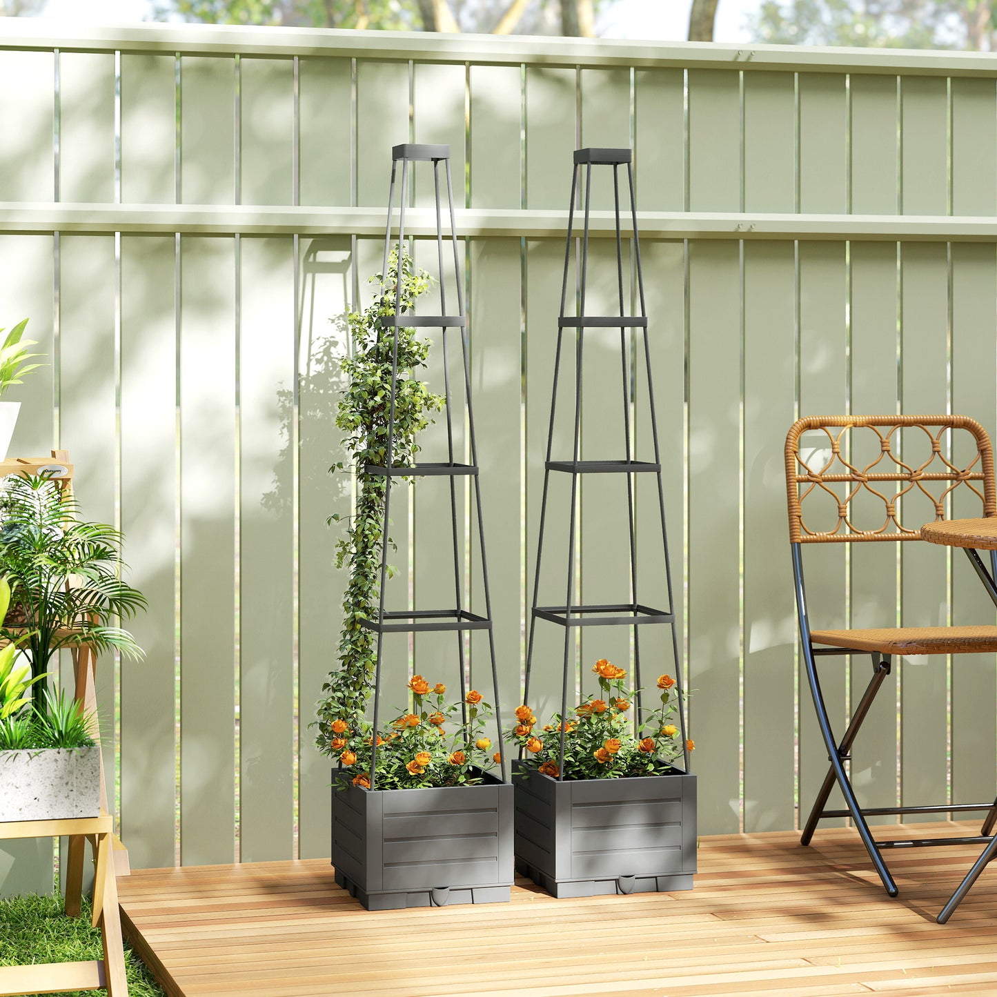 2 Pack Raised Garden Bed with Trellis, Plastic Outdoor Planter Box with Removable Drainage Tray
