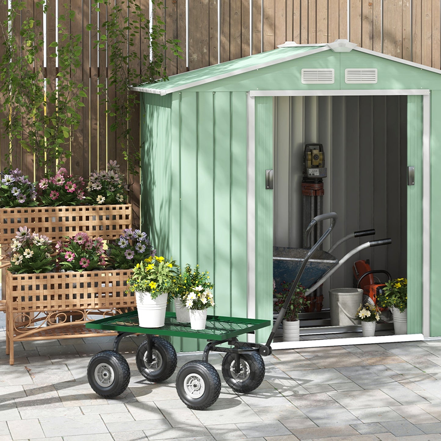 Garden Trolley Cart, Heavy Duty Garden Cart with Metal Frame, 10" Pneumatic Wheels, Rotating Handle, 150kg Capacity