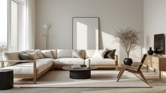 Modern cosy living room in cream and warm wood tones