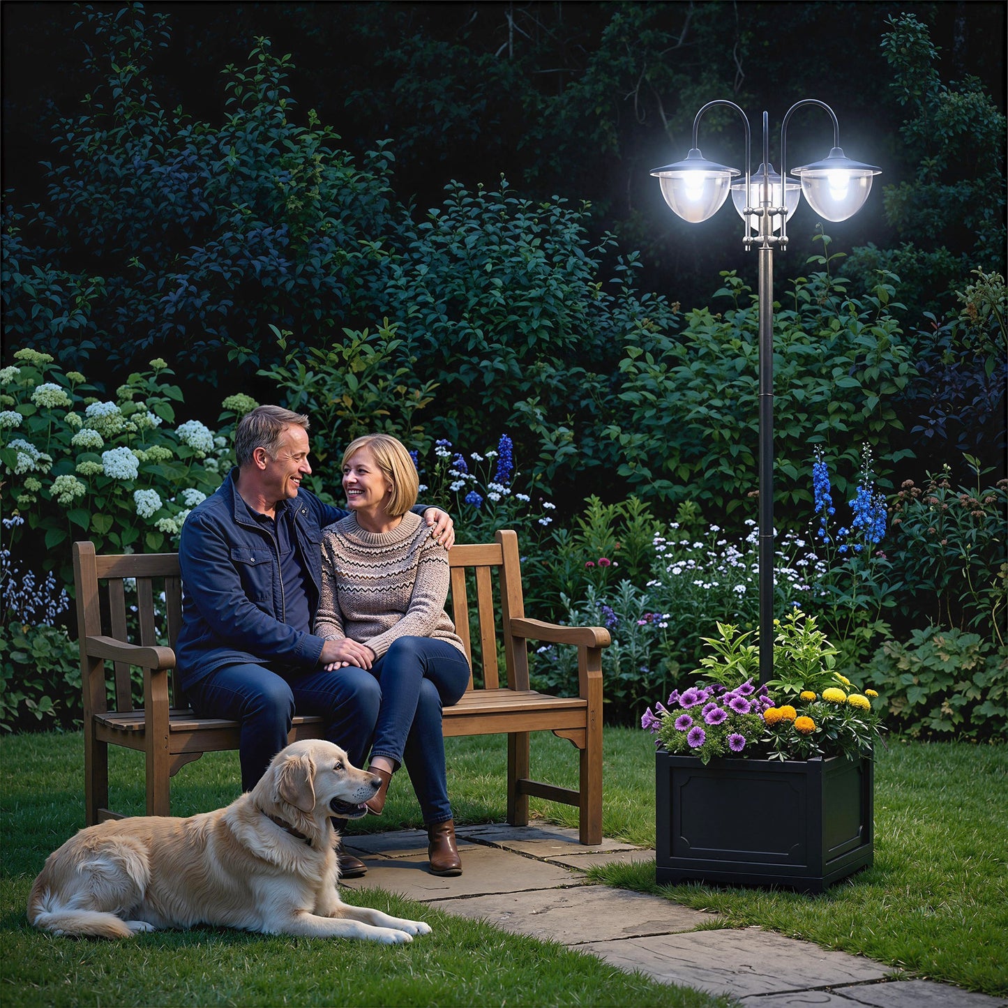 189cm 3-head Solar Lamp Post, Street Light with Planter, Automatic-on, 6 Hour Max Outdoor Ready LED Lighting, Black
