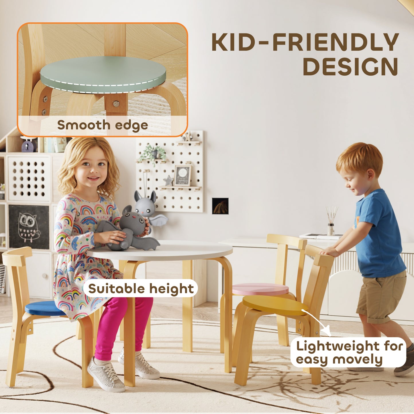 5 Piece Kids Table and Chairs Set, Wooden Toddler Table and Chairs Set for Nursery, Playroom, Classroom, for 3-8 Years