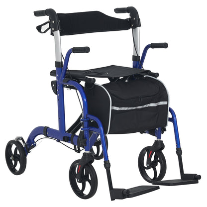 2 in 1 Wheelchair Transport Chair & Folding Rollator Walker with Seat, Backrest, Footrest, Lightweight Walking Frame