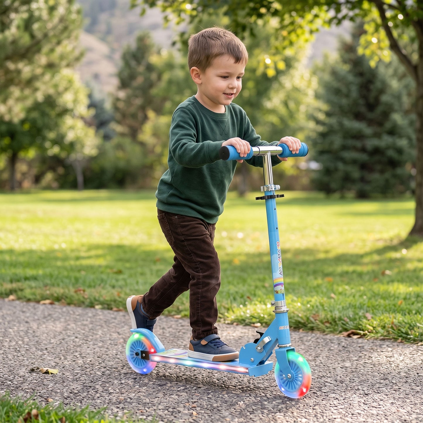 Kids Scooter, with Lights, Music, Adjustable Height, Foldable Frame, for Ages 3-7 Years - Blue