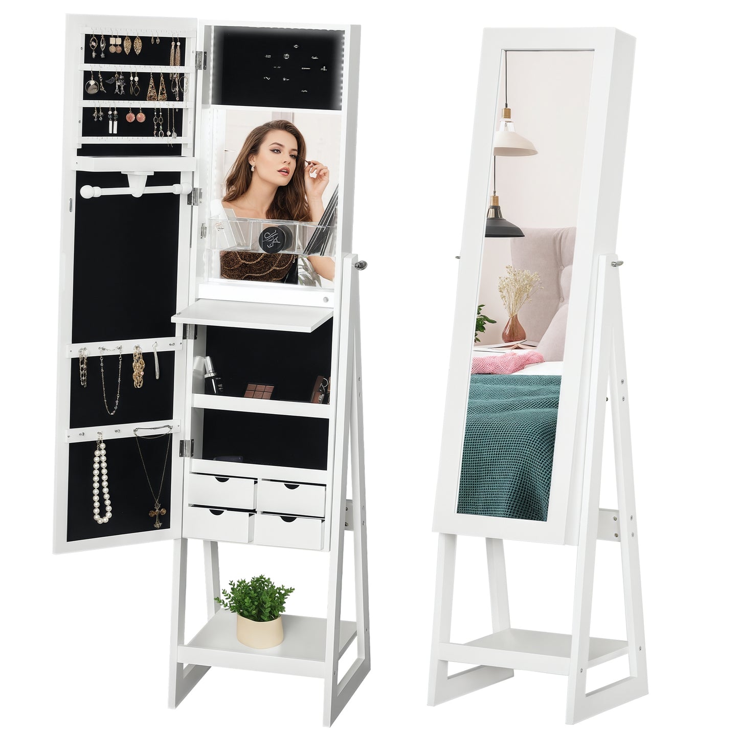 Jewellery Cabinet, Standing Mirror with LED Lights, Full-Length Mirror with Storage Drawers, Hooks and Shelves