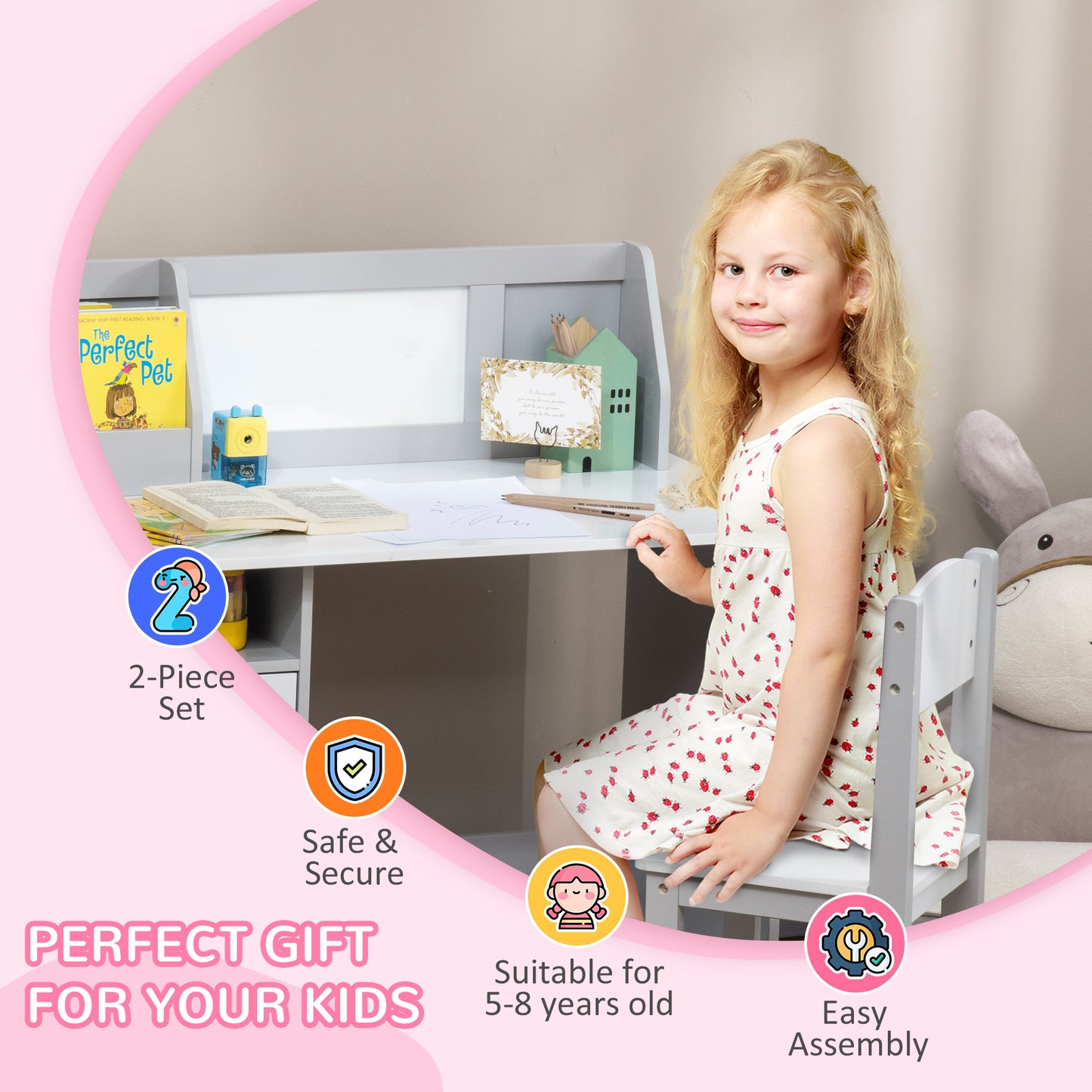 Kids Table and Chair Set w/ Whiteboard - Grey
