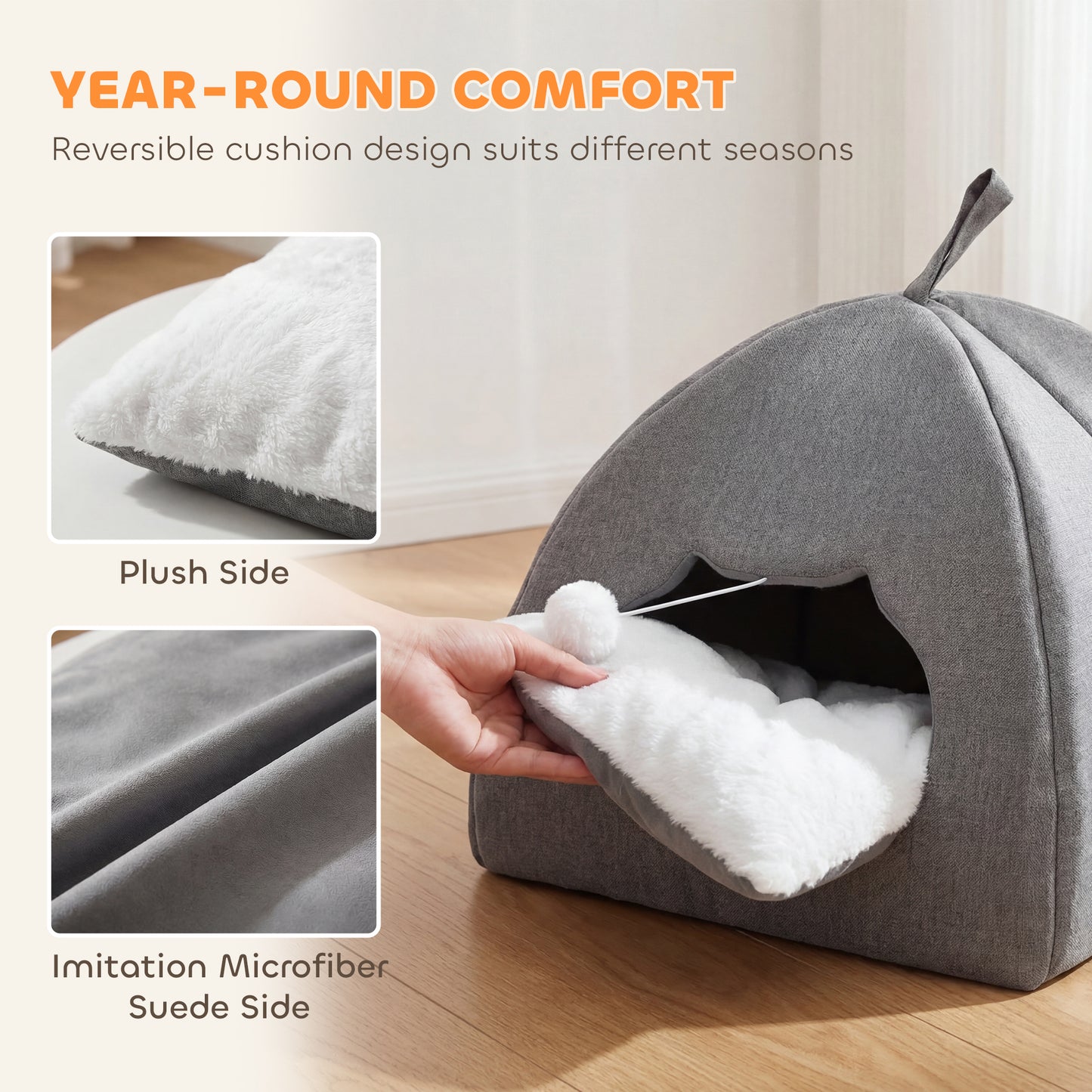 Cat Cave Bed for Indoor Kittens, Cat House with Removable Cushion and Teaser Ball, Kitty Igloo with Anti-Slip Base