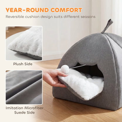 Cat Cave Bed for Indoor Kittens, Cat House with Removable Cushion and Teaser Ball, Kitty Igloo with Anti-Slip Base