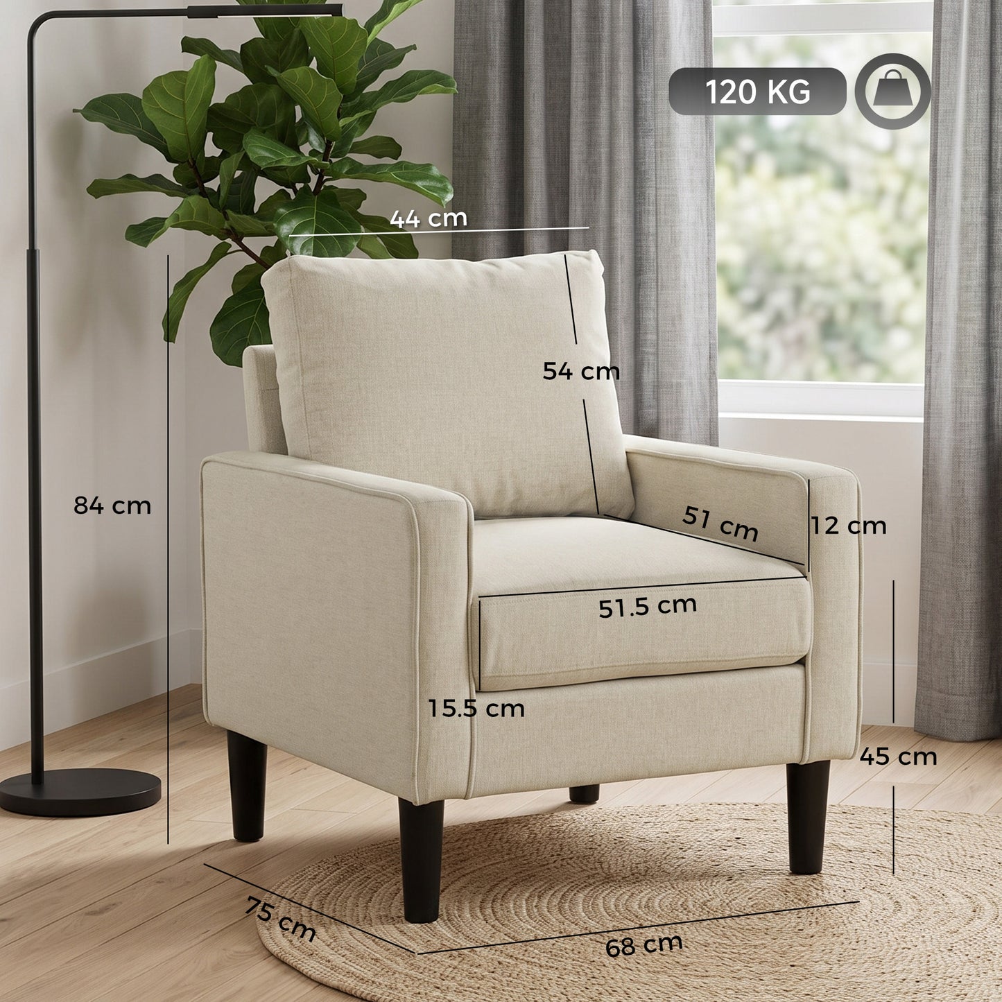 Accent Chair, Removable Pillow Linen Armchair with Comfy Spring Cushion for Living Room, Bedroom, Study, Cream