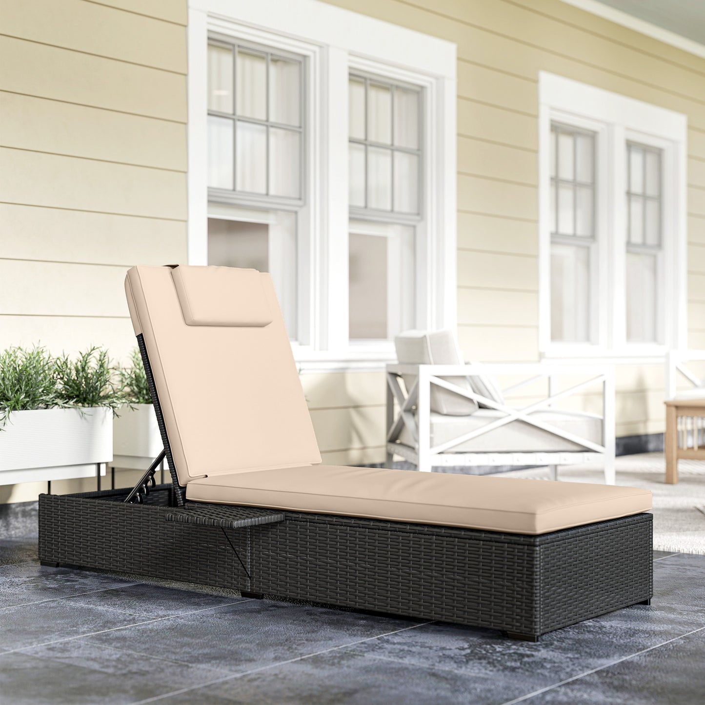 Rattan Sun Lounger with 5-Level Reclining Back Side Tray and Cushion, Black
