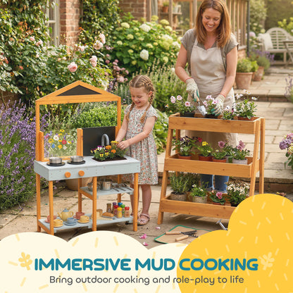 Mud Kitchen for Kids, Outdoor Wooden Play Kitchen with Sink, Stove, Cookware, Shelves, Pretend Play Toy for Ages 3-8