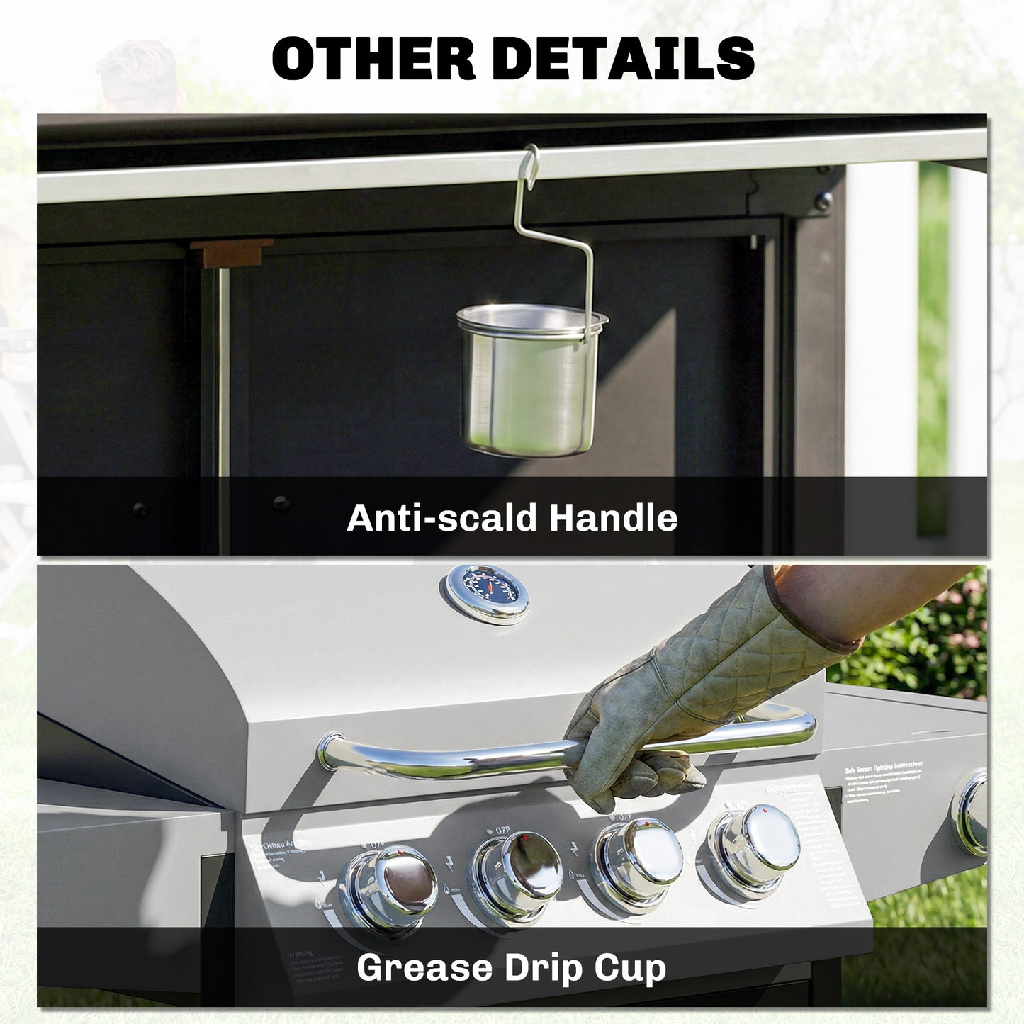 4+1 Burner Gas BBQ Grill with Side Burner, 14.5 kW Steel Portable Gas Barbecue Grill with Built-in Thermometer, Lid