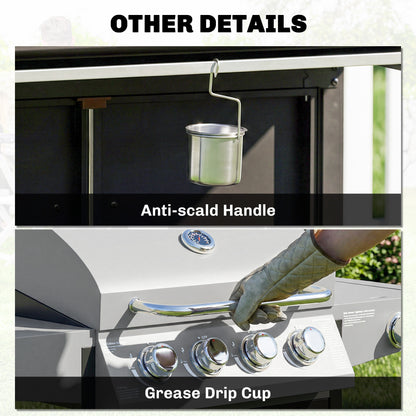 4+1 Burner Gas BBQ Grill with Side Burner, 14.5 kW Steel Portable Gas Barbecue Grill with Built-in Thermometer, Lid