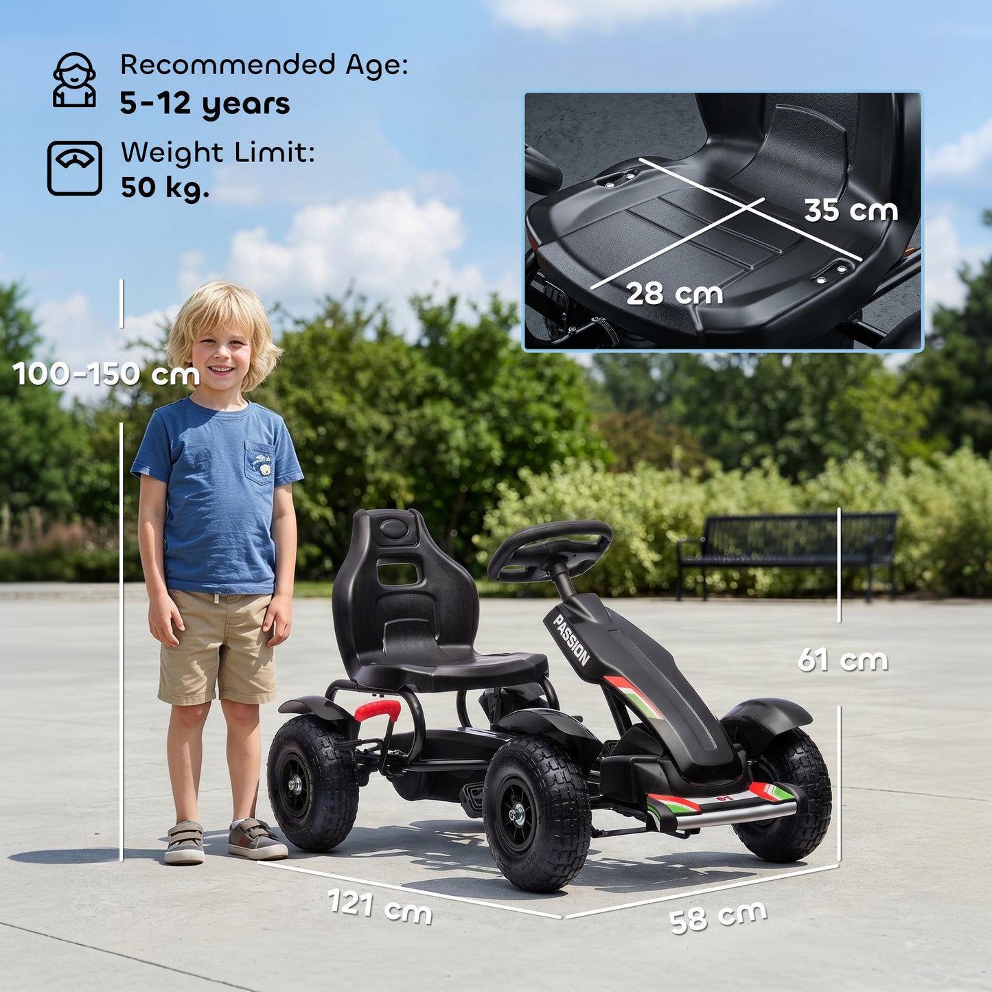 Metal Kids Pedal Go Kart with Adjustable Seat Inflatable Tyres Black