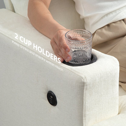 3 Seater Sofa with USB Ports & Cup Holders - Cream White