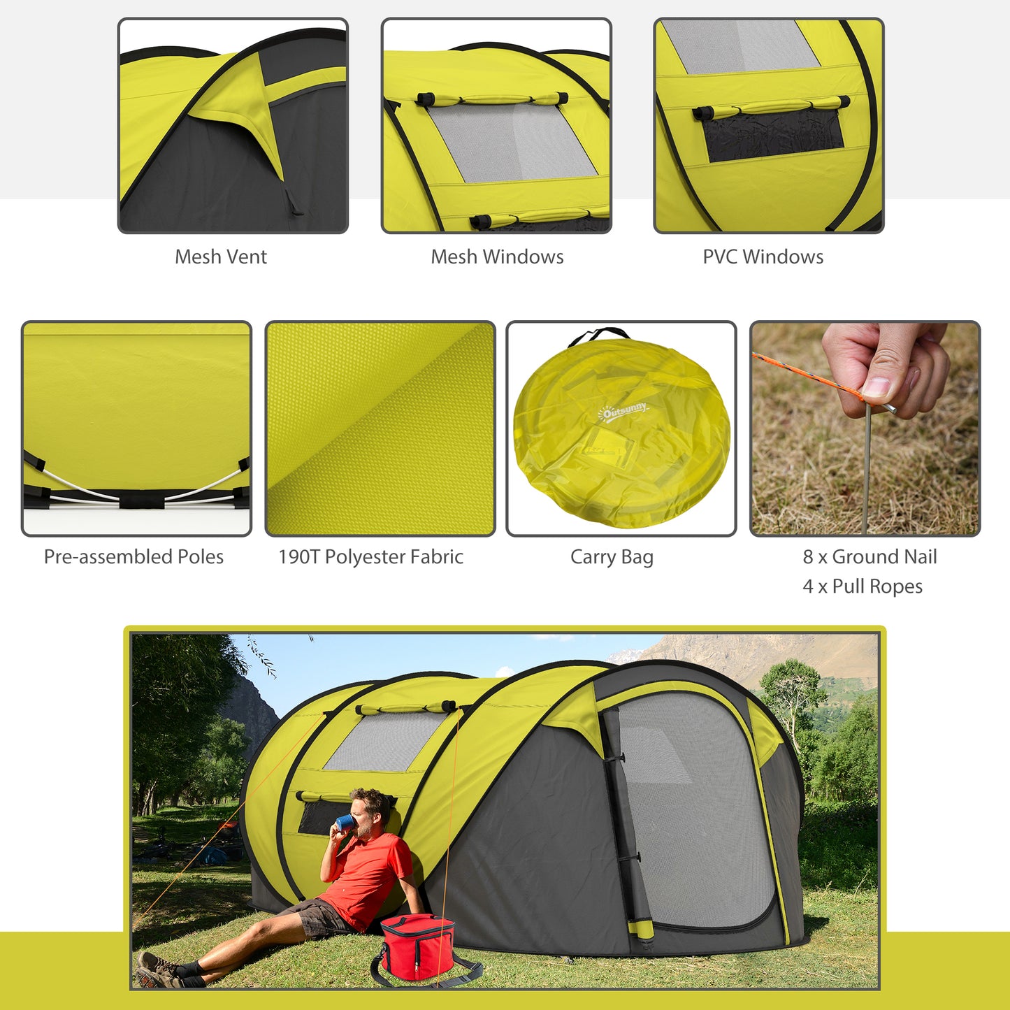 4 Person Pop-up Camping Tent, Family Dome Tent with Ground Sheet, 4 Windows and Portable Carry Bag for Beach Outdoor Trip