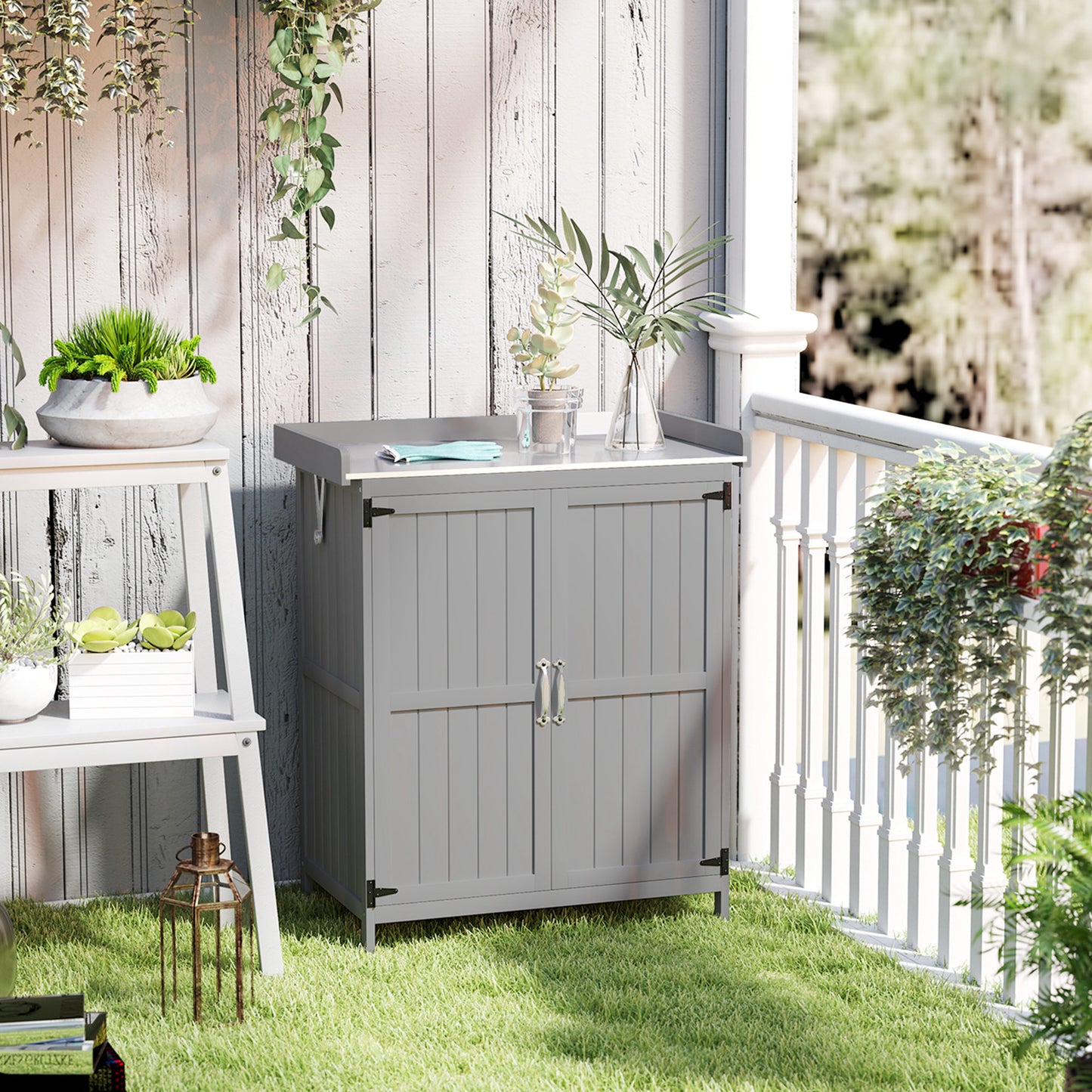 Wooden Garden Shed, Garden Tool Storage Shed with Hinged Roof and Shelf, Outdoor Storage Cabinet with Double Doors, Grey