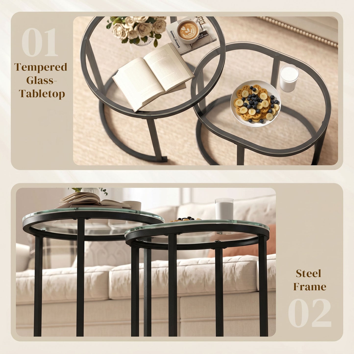 Nest of Tables with Steel Frame and Tempered Glass Tabletop, Modern Coffee Table Set of 2, Black