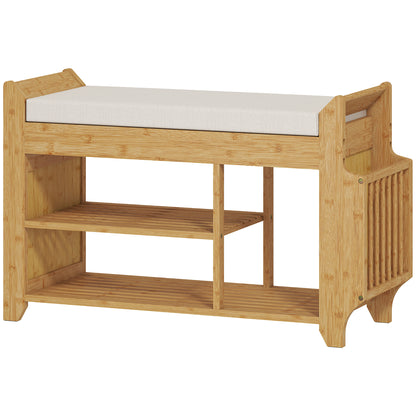 Shoe Bench 2-Tier Boot Section Entryway Storage Bench Cushioned Seat 80 x 30 x 50 cm Natural and Cream