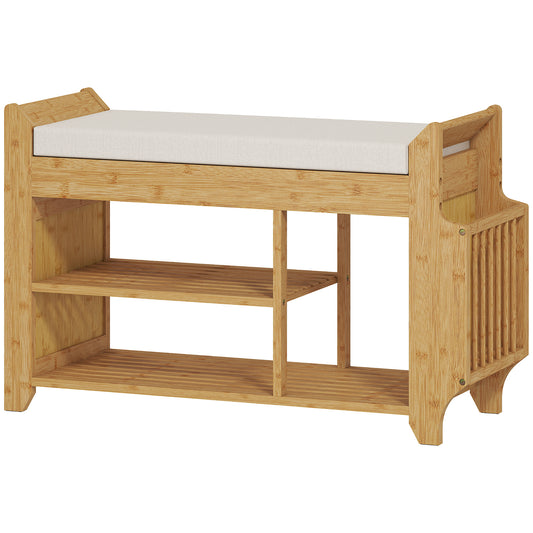 Shoe Bench 2-Tier Boot Section Entryway Storage Bench Cushioned Seat 80 x 30 x 50 cm Natural and Cream