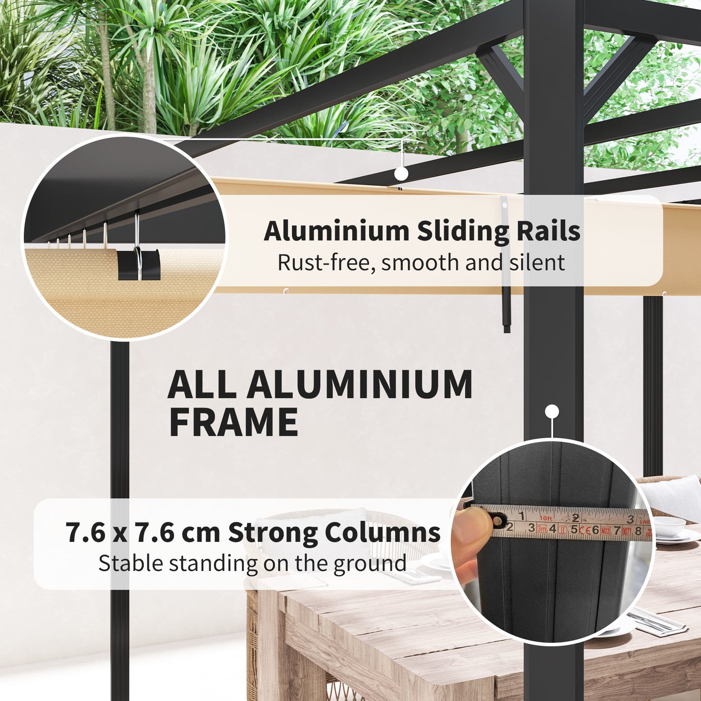 3 x 3m Aluminium Pergola, with Retractable Roof and Wall - Khaki