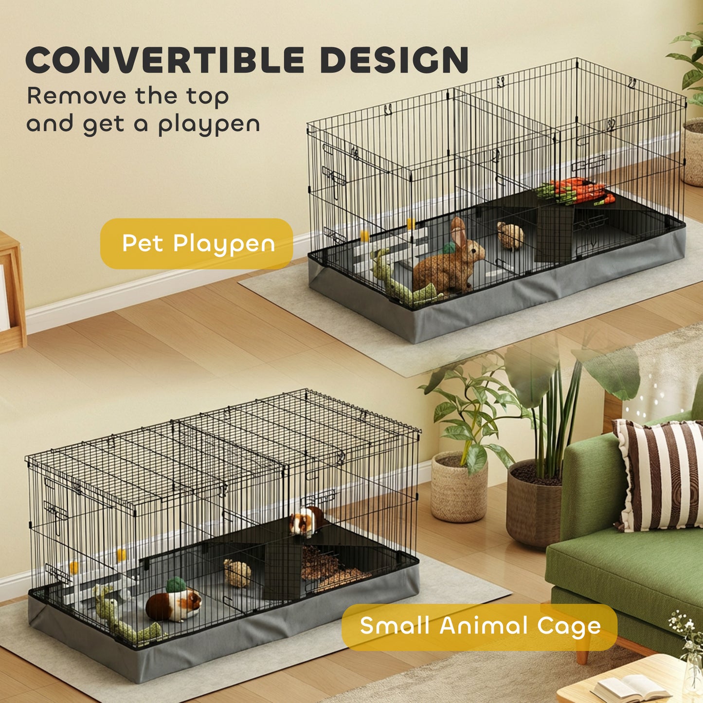 2 in 1 Guinea Pig Cage, Rabbit Cage Pet Playpen with 2 Separate Area, Waterproof Oxford Fabric Floor for Hedgehogs