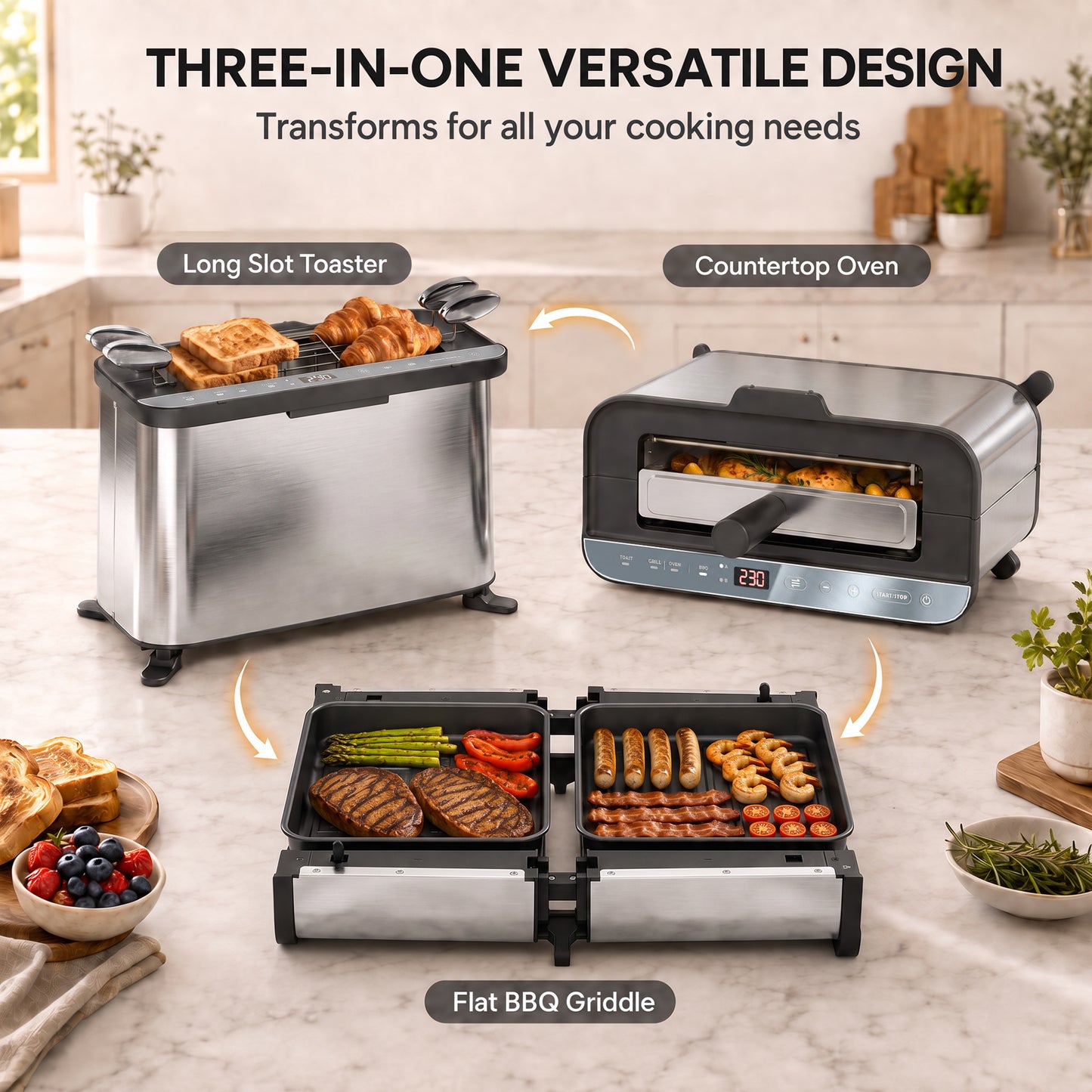 3-in-1 Electric Mini Oven, Long Slot Toaster and Tabletop Grill, with LED Display, 60 Min Timer, Stainless Steel, 1700W