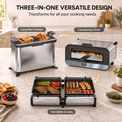 3-in-1 Electric Mini Oven, Long Slot Toaster and Tabletop Grill, with LED Display, 60 Min Timer, Stainless Steel, 1700W