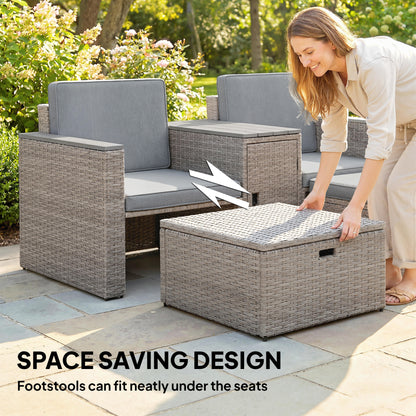 5 Piece Rattan Garden Furniture Set with Storage Table, Footstools, Cushions, Dark Grey