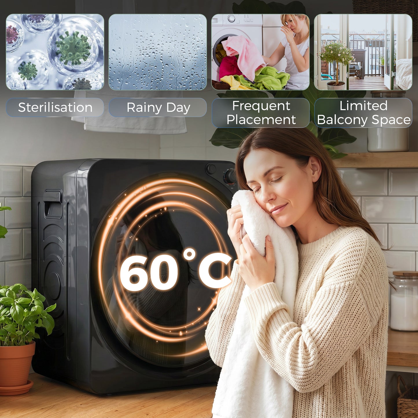 5kg Vented Tumble Dryer, 1000W Compact Tumble Dryer with 5 Drying Modes, Stainless Steel Tub, Black