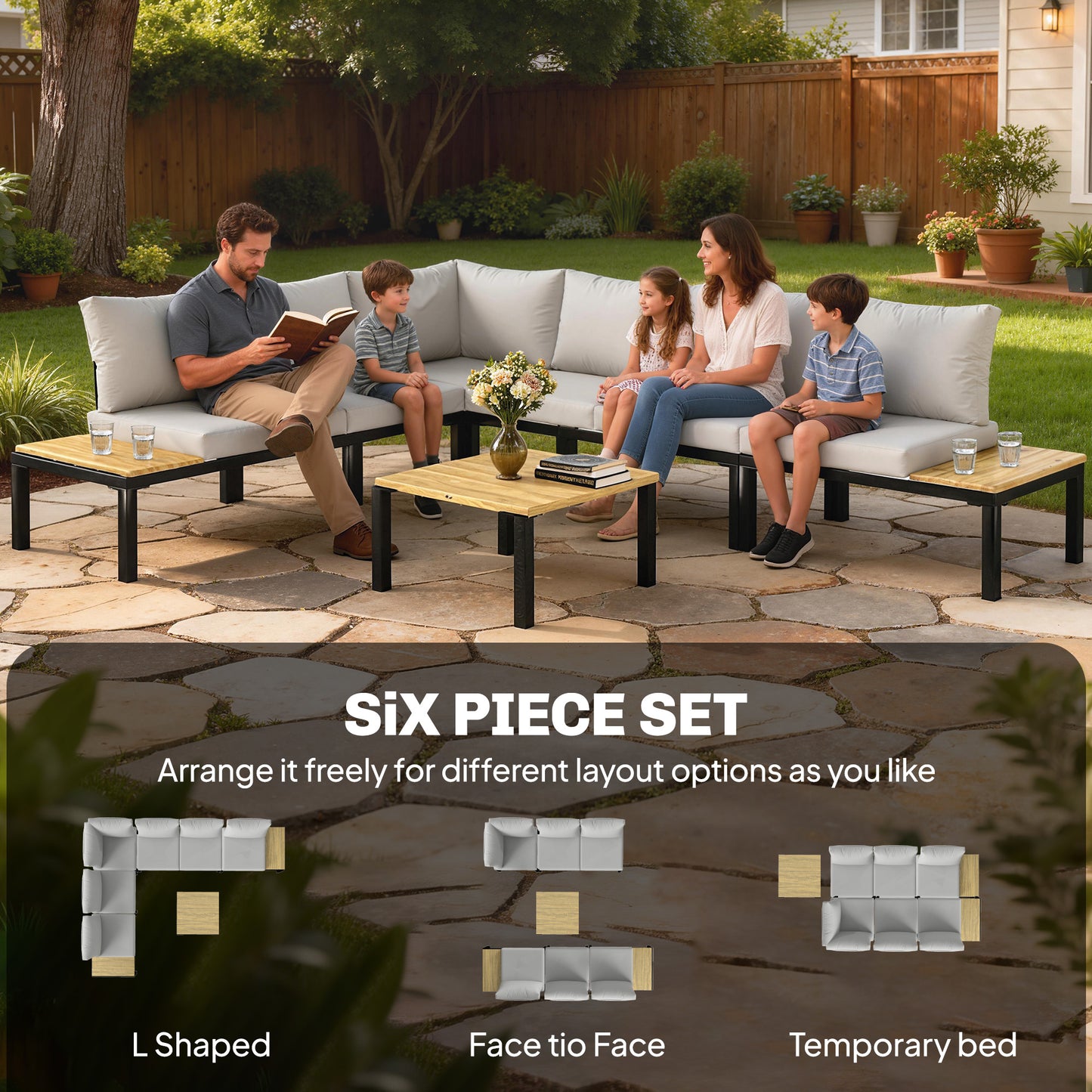 Garden Furniture Set, 6 Piece Corner Sofa Set with Loveseat, Coffee Table, Sofa with Integrated Side Table