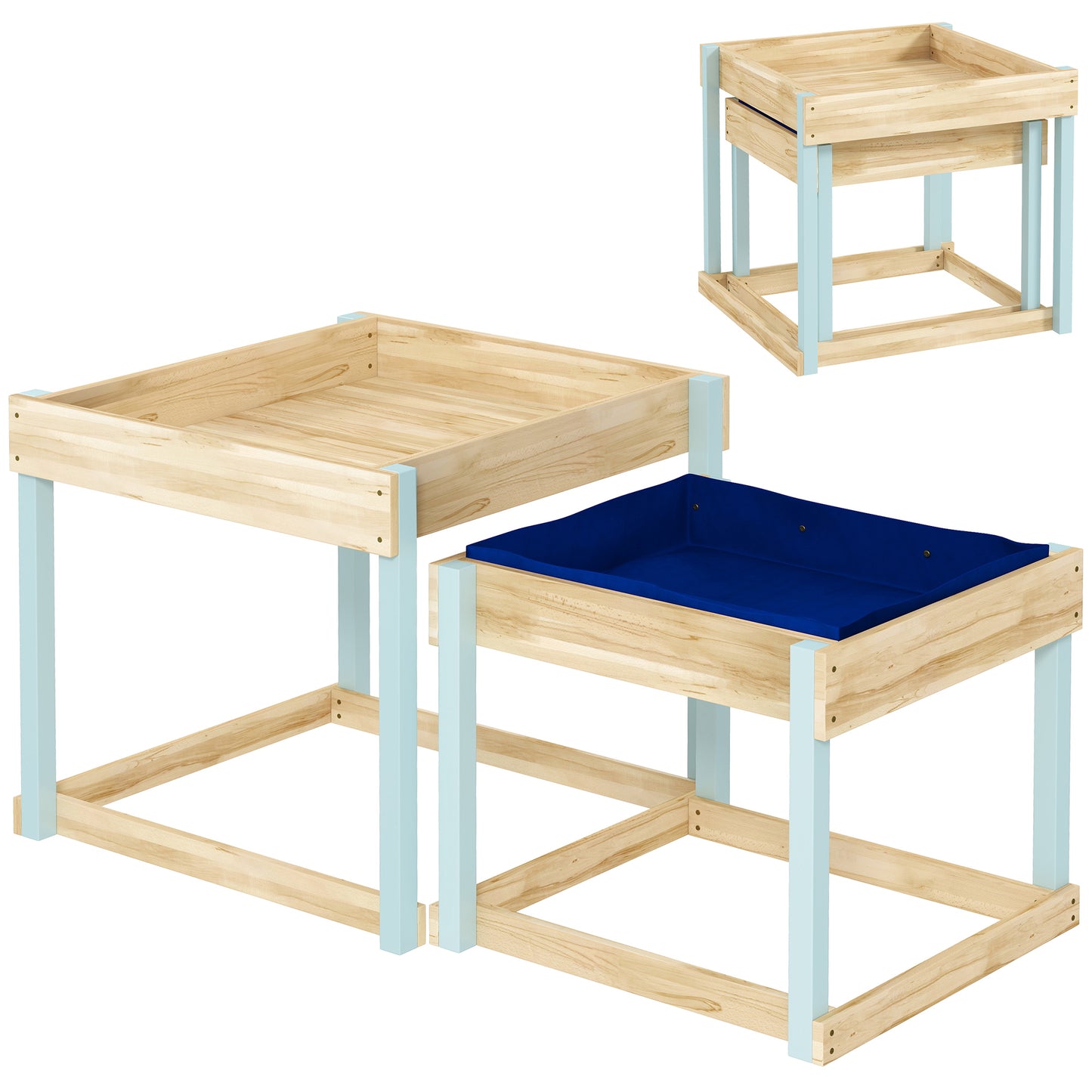2 PCS Wooden Outdoor Sand and Water Play Tables with Bottom Liner for Kids Aged 3-8 Years Old, Natural Wood Finish