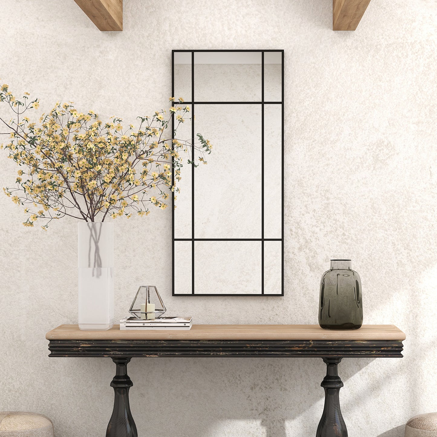 Decorative Grid Wall Mirror, with Back Hooks - Black