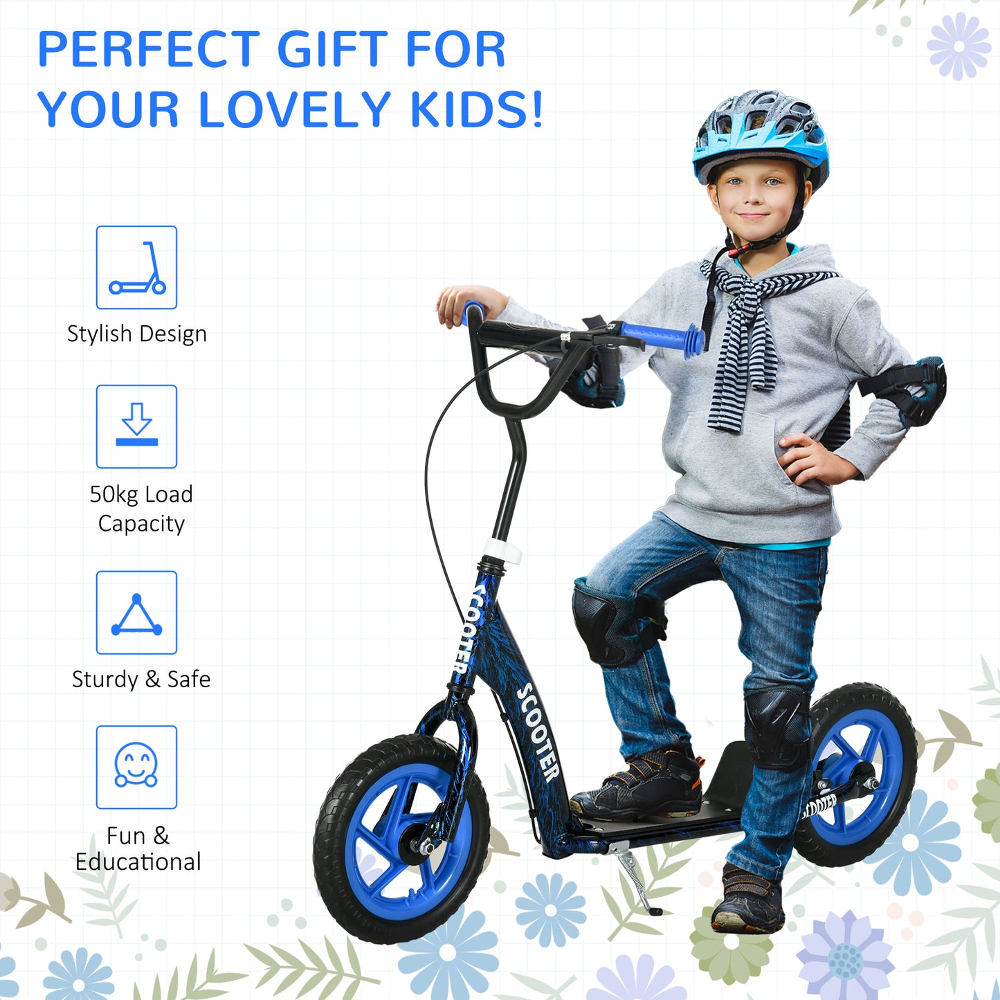 Kids Scooter with Adjustable Handlebar, Children's Kick Scooter with Non-slip Footplate, Rear Brake, Kickstand, Blue