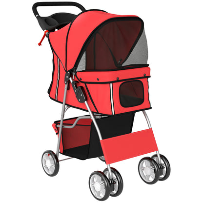 Dog Pram, Pet Stroller with Reflective Strips, Foldable Cat Stroller with 360° Swivel Wheels, Red